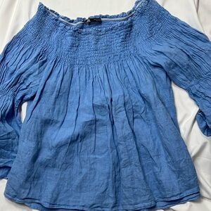 Zara Light Blue Smocked Off-Shoulder Blouse